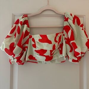 Coral/Cream puff sleeve crop top
